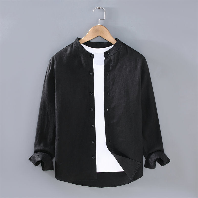 Stand Collar Pure Linen Long Sleeve Shirt