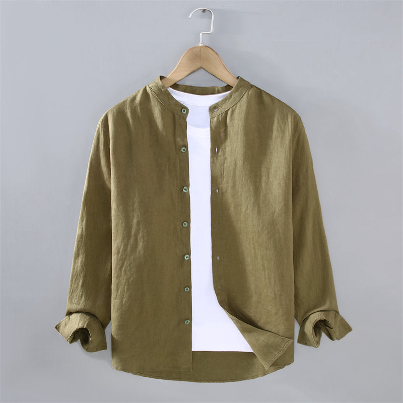 Stand Collar Pure Linen Long Sleeve Shirt