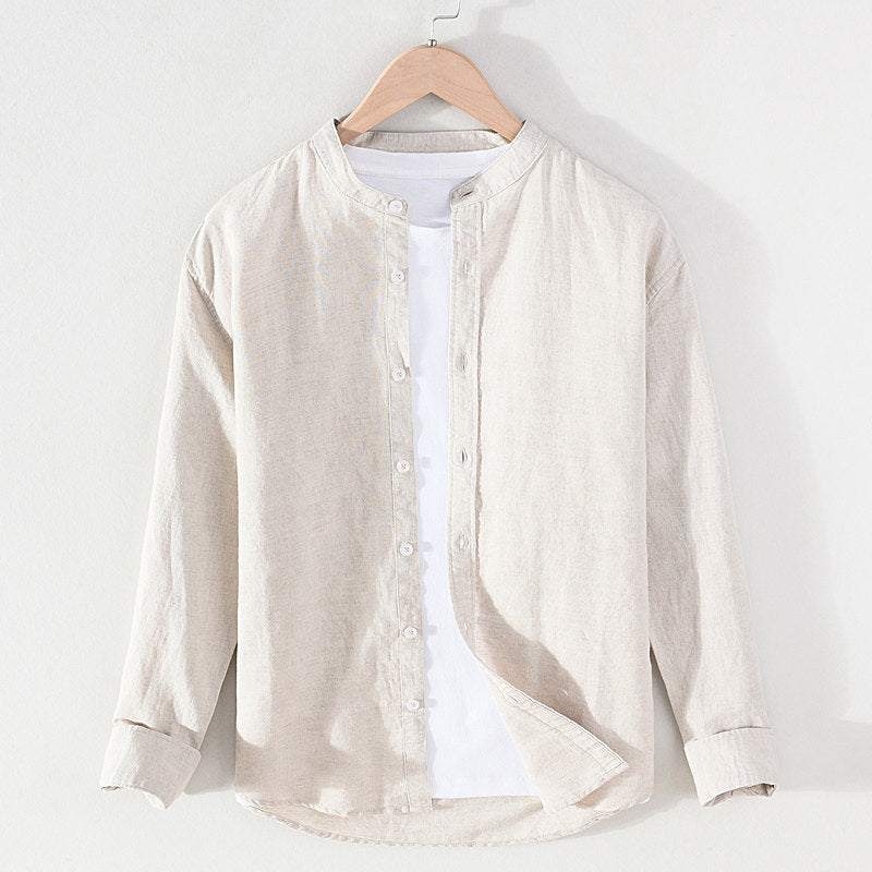 Stand Collar Cotton Linen Long Sleeve Shirt